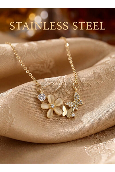 stainless steell 316L Chain Gold Color Flower and Butterfly Model Necklace