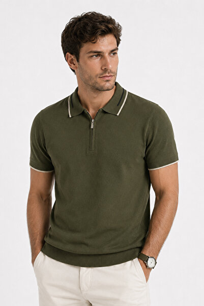 Pulltonic Tricou tricotat cu fermoar și guler polo pentru bărbați