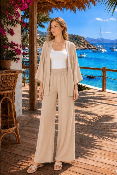 KEHER Women's Wrinkled Fabric Kimono Pants Set
