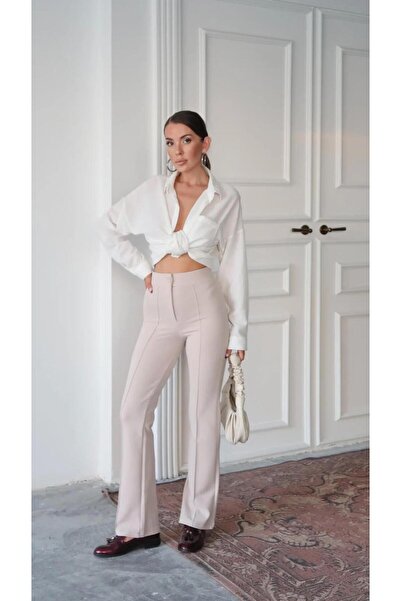 miyase life Women's Beige Crepe Fabric Lycra Front-Waisted Spanish Flare Pala...