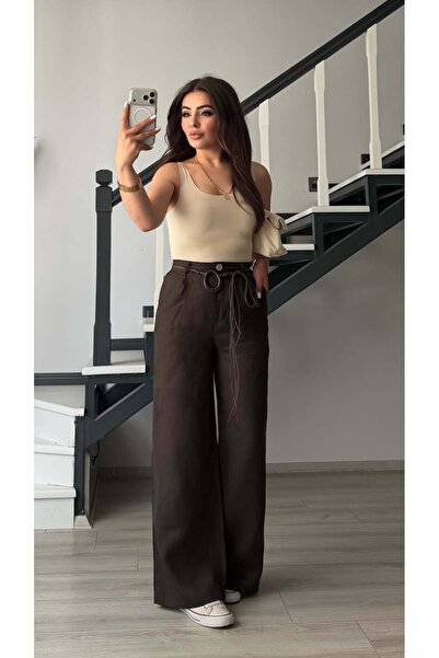 Oslove Bitter brown belted raw linen trousers