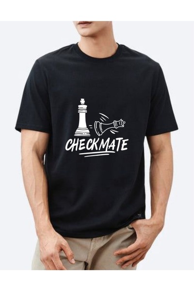 Krays Unisex Black T-Shirt Front Printed Checkmate Shah Mat Design Printed T-...