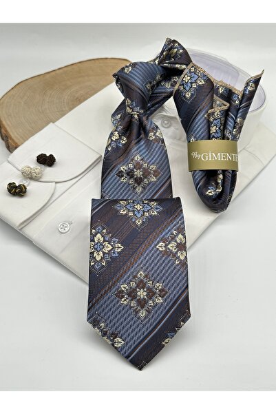 Gutiero Navy Blue Patterned Classic Tie with Handkerchief