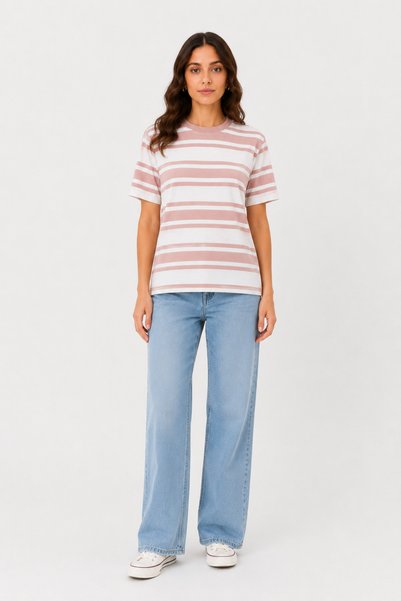 Asfaha Fashion Women's 100% Cotton Pink Striped Crew Neck T-Shirt