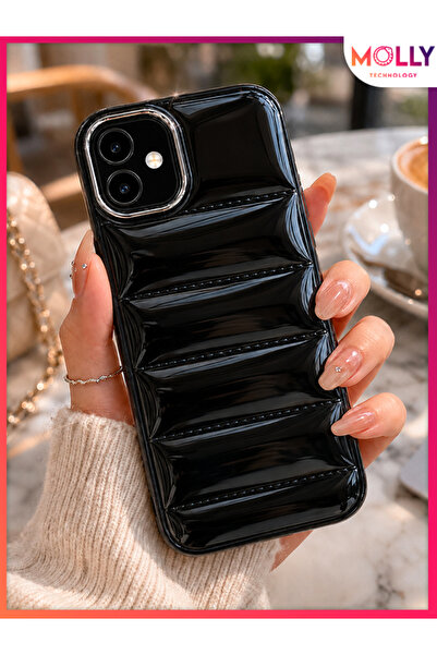 Molly iPhone 11 İçin Siyah Glossy Puffer Lüks Silikon Kılıf