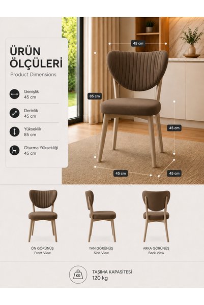 formood 6'lı Mutfak Sandalyesi Modern Kahve Kumaş Salon Sandalyesi Bej Ayak Elma Model
