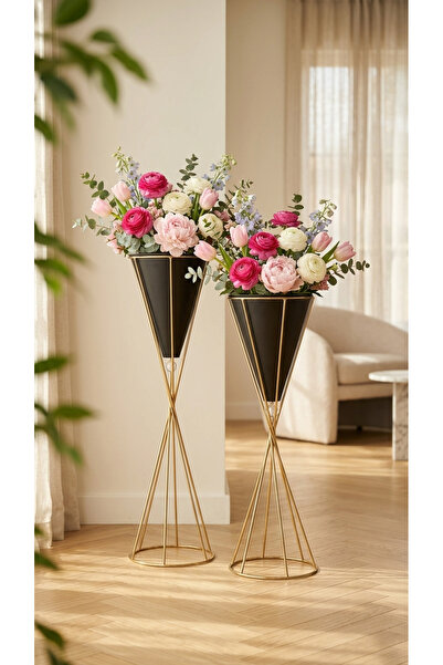 Decodelight Gold Siyah Metal Dekoratif Salon Bahçe Teras Uyumlu 2'li Taşlı Bü...