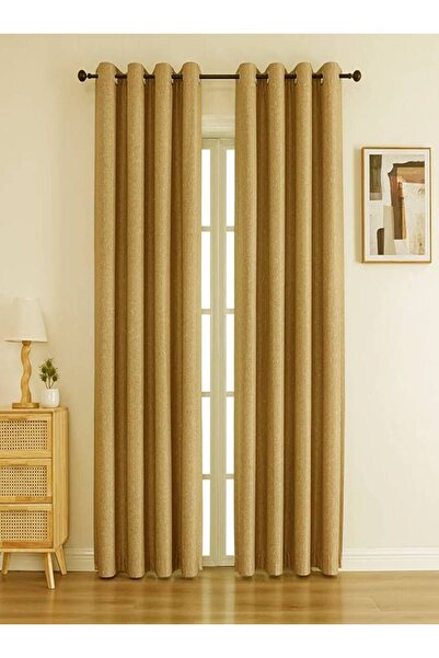 farbateks Linen Black Out Mustard Yellow Color Rustic Curtain Eyelet Ring Pip...