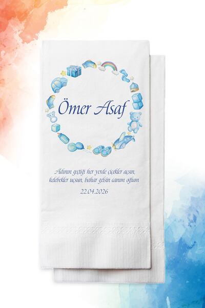 nna tasarım 50 Adet Kişiye Özel Isim Baskılı Erkek Çocuk Doğumgünü Peçetesi (P209-50)