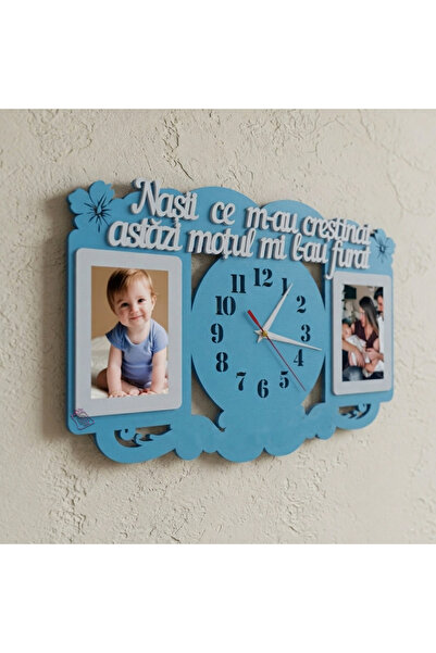 damoro Ceas de perete 2 poze,Taierea Motului,Albastru/Alb,Lemn
