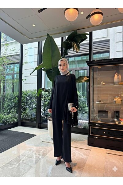 Moodbasic Dantelli Şifon Fırfırlı Krep Takım - Siyah