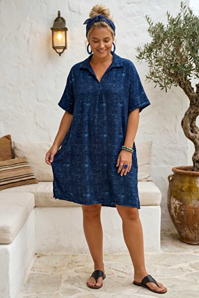Chiccy Navy Blue Shirt Collar Short Sleeve Patterned Casual Viscose Woven Dre...