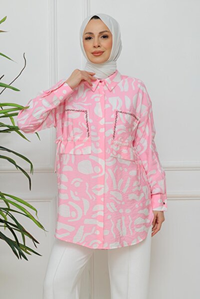 Moodbasic Taş İşlemeli Tensel Gömlek - Pembe