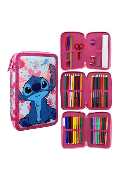 Javoli Disney Lilo și Stitch, Penar cu 3 compartimente, roz, cu model valuri