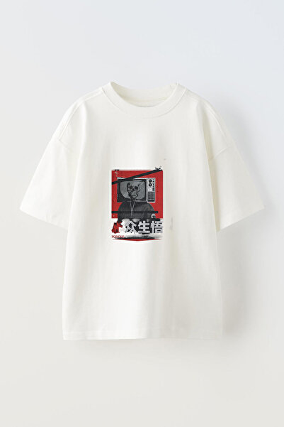 Anetos Tricou supradimensionat din bumbac alb cu imprimeu frontal Glitch TV S...
