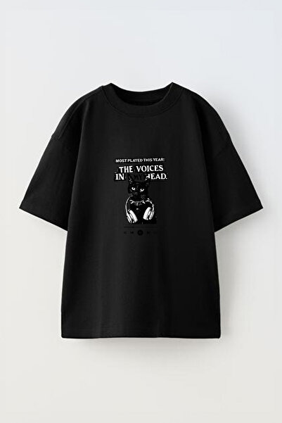 Anetos Tricou oversize negru din bumbac cu imprimeu frontal cu design Cat Ear...