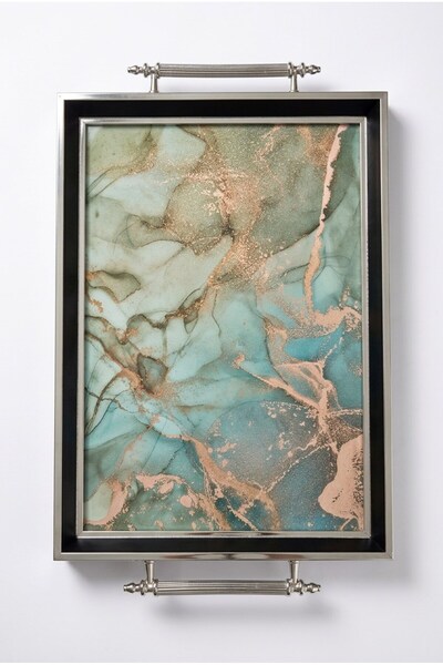 Sembol Luxury Glass Presentation Tray with Handles Black Silver Tray 50X31X4 cm