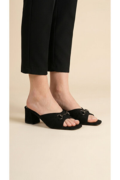 BARONES SHOES Women's Black Suede Buckled Thick-Heeled Slippers