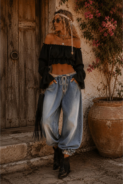 NA ADDESIGN Bohem Madonna Yaka Salaş Crop Bluz Siyah ve Beyaz Renk Seçeneği