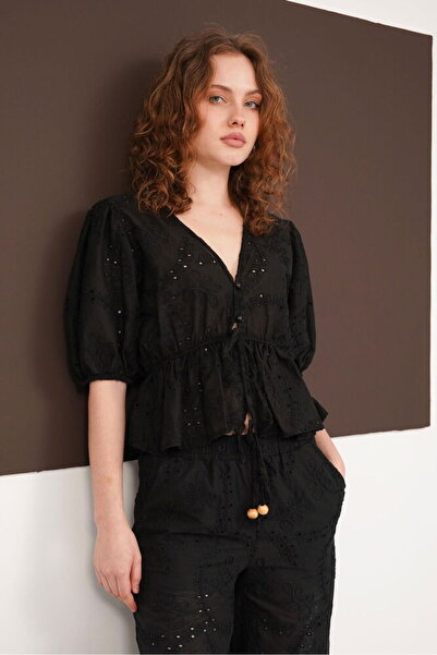 VERYMODA Front Tie Embroidered Voile Blouse - Black |   D2820