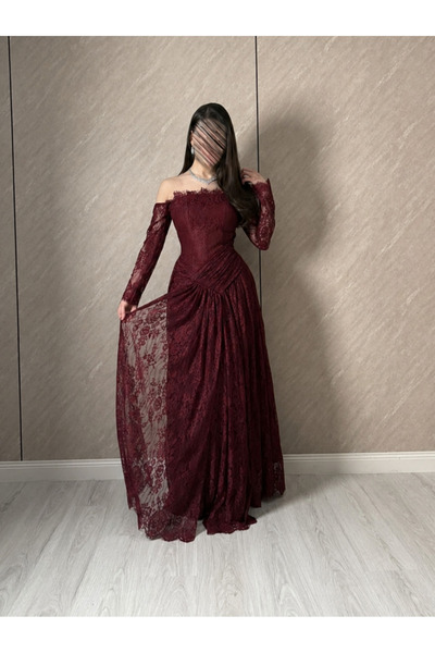 ALANOOD Burgundy Lace Off Shoulder Long Sleeve Evening Dress