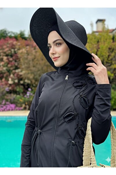 Moodbasic İşlemeli Büyük Beden Tesettür Mayo - Siyah