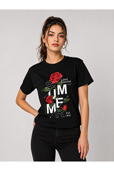 ENB1R MODA Summer Love Forever Rose Printed Women's Black Basic T-Shirt