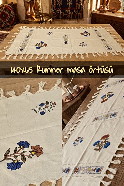 diğer 111 Geleneksel Motifli El Baskısı El Boyaması Runner 65x140 Masa Örtüsü