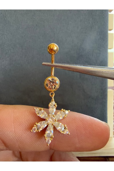 Rupen Kraft 316 L Cerrahi Çelik Parlak Taşlı Altın Lotus Çelik Göbek Piercingi