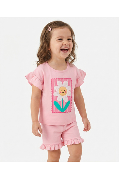 Bonfino 100% Cotton Printed Flutter Sleeves T-Shirt & Shorts Set with Embroid...