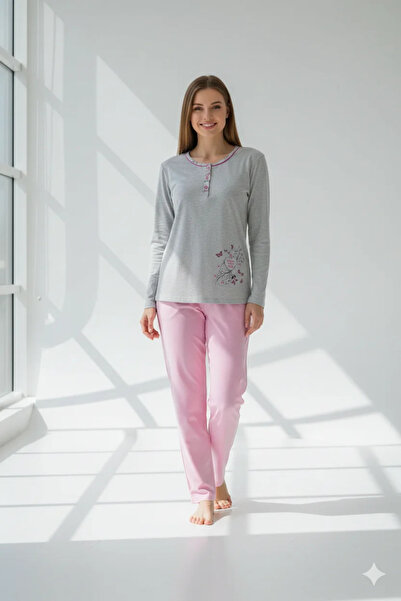 Serena Pijama damă din bumbac mânecă lungă și pantaloni lungi gri cu floare