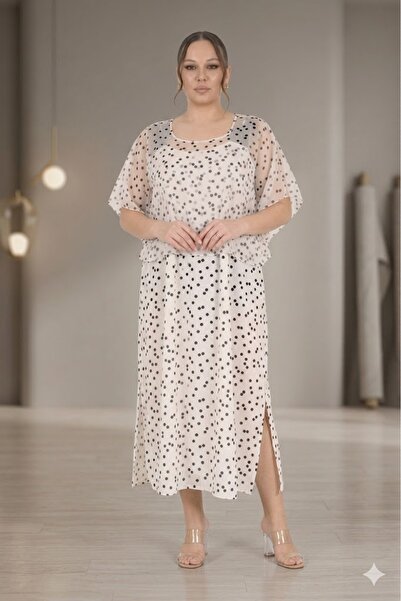 DARKWIN Plus Size Suspender Inner Dress Chiffon Polka Dot Patterned Double Mi...