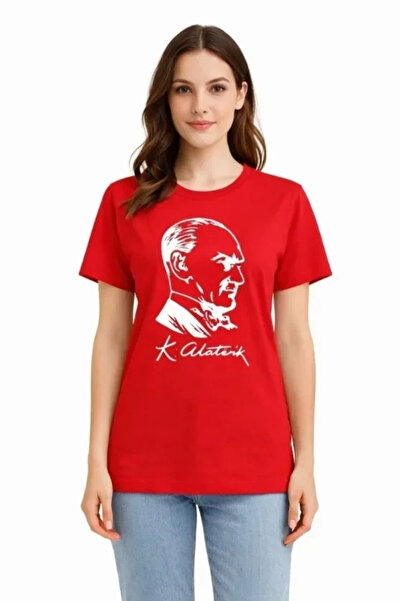 USLUCAN ALIŞVERİŞ Ataturk Printed T-Shirt Short Sleeve Crew Neck T-Shirt - Red