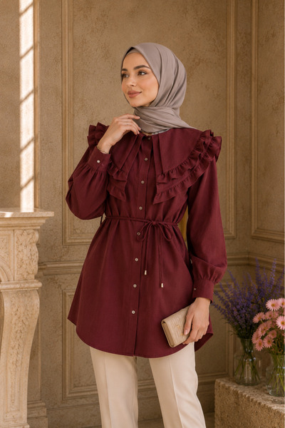 SADEL Yakası Fırfırlı Düğme Kapamalı Beli Bağcıklı Tunik - Bordo