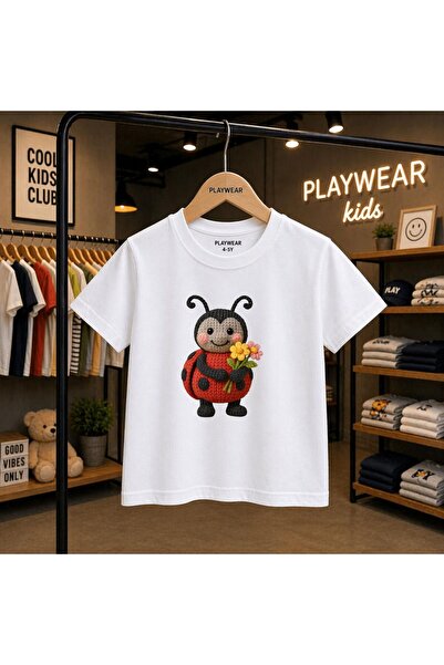 playwear Детска унисекс тениска с щампа на калинка и цветя, 100% памук, за 5-...