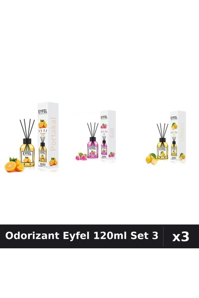 Eyfel Set 3 Odorizante Camera cu Betisoare 120ml - Portocala, Trandafir, Lamaie