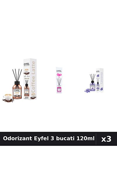 Eyfel Set 3 Odorizante Camera cu Betisoare - Cafea, Bubble Gum, Lavanda, 120ml