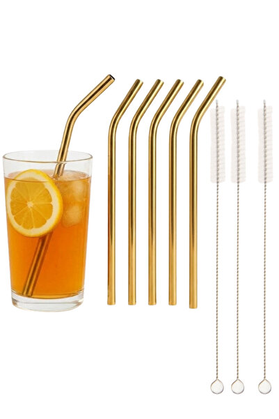mucit home Gold 6-Piece Stainless Steel Straws + 3 Cleaning Brushes
