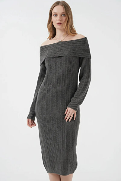 buğrahayalin Women's Madonna Collar Oversize Cut Knitwear Anthracite Dress