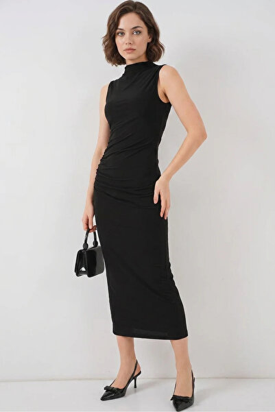 Efnaz style Women's High Collar Gathered Zero Sleeve Black Dress