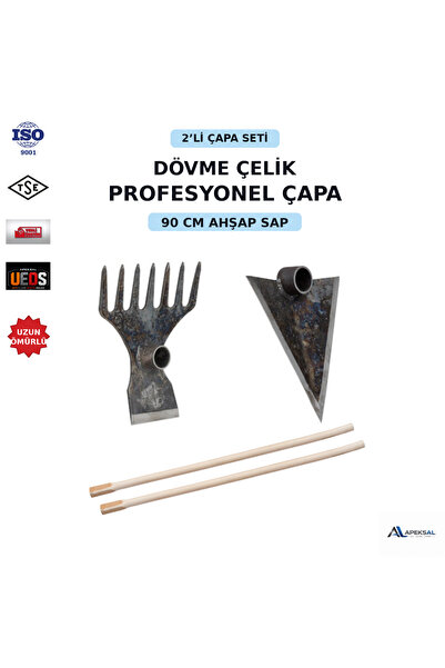 Apeksal Dövme Çelik 2’li Çapa Seti – 90 cm Ahşap Saplı Tırmıklı Ormancı , Üçg...