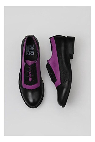 BUENO Shoes Siyah Beyaz Deri Kadın Düz Ayakkabı 01wt2600