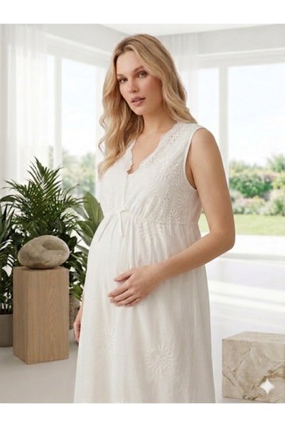 By Serpil Şener Cotton Scalloped Weave Premium Maternity & Postpartum Dressing Gown-Nightgown Set