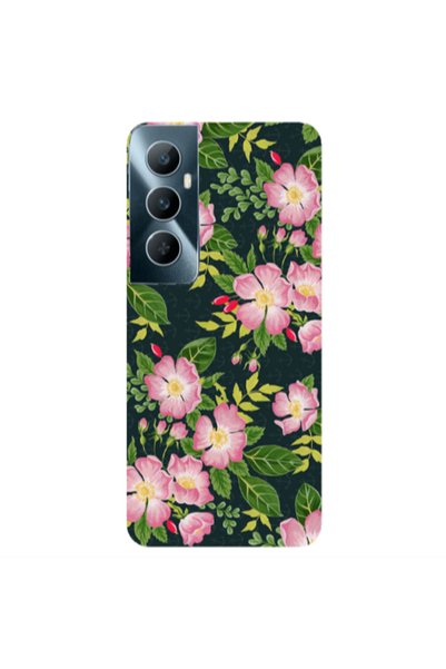 Other Realme C65 Pink flowers green laves Transparent Silicone TPU Θήκη