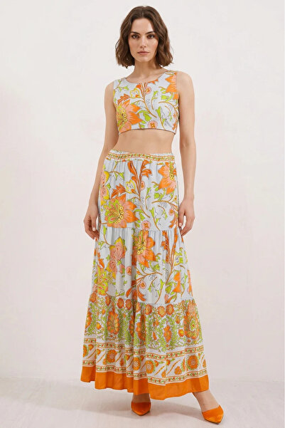 buğrahayalin Women's Floral Patterned Viscose Orange Skirt