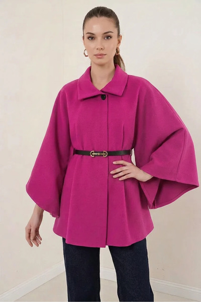 Generic Brand Women's Shirt Collar Belted Cotton Dark Pink Poncho