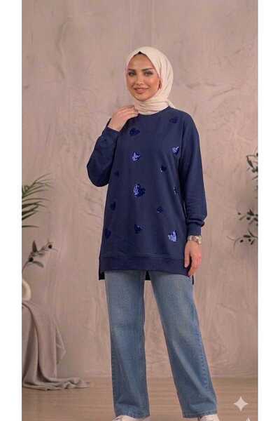 PEKA Women's Sequin Embroidered Heart Patterned Hijab Tunic Sweatshirt