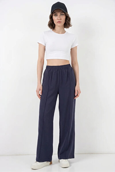 buğrahayalin Women's Elastic Waist, Stitched Detail, Wide Leg, Navy Blue Pala...