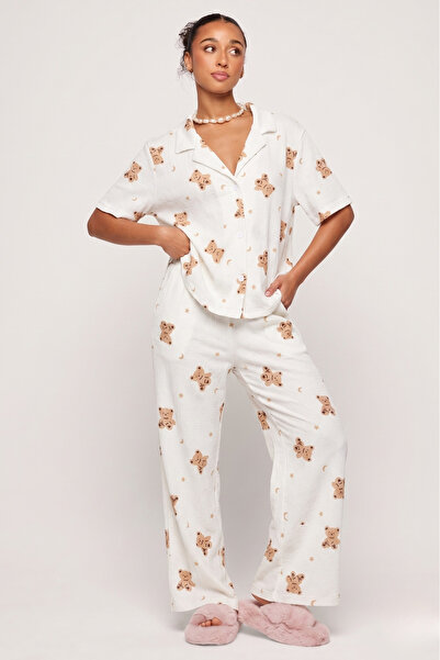 Feruzdesign White Teddy Bear Patterned Bürümçük Fabric Short Sleeve Pajama Set