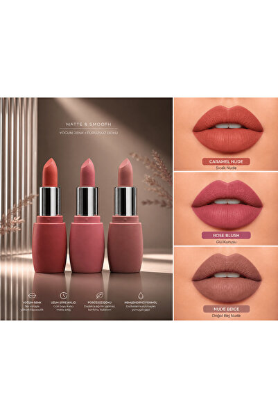 Seckinnn 3’lü Ultra Matte Nude Ruj Seti – Caramel Nude, Rose Blush & Nude Bei...